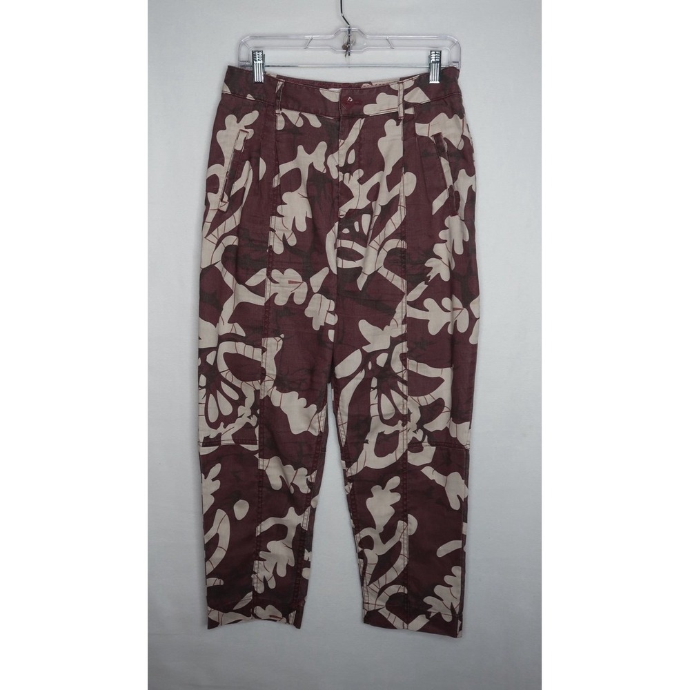 Anthropologie Frannie Tapered Pants Brown Cream Floral Linen High Rise Womens 29